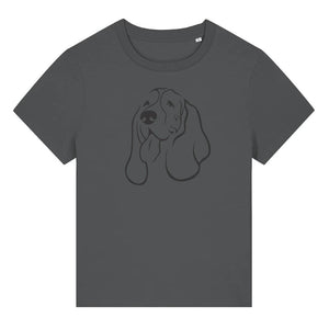 Black outline illustration of the head of a Basset Hound on the front of an anthracite grey ladies t-shirt