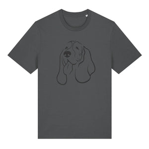 Black outline illustration of the head of a Basset Hound on the front of an anthracite grey unisex t-shirt