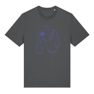 Blue outline illustration of the head of a Basset Hound on the front of an anthracite grey unisex t-shirt