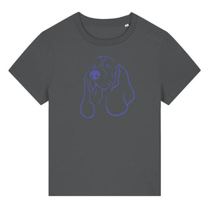 Blue outline illustration of the head of a Basset Hound on the front of an anthracite grey ladies t-shirt
