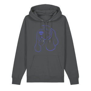 Blue outline illustration of the head of a Basset Hound on the front of an anthracite grey unisex Hoodie