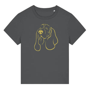 Gold outline illustration of the head of a Basset Hound on the front of an anthracite grey ladies t-shirt