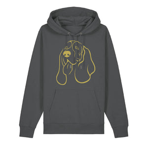 Gold outline illustration of the head of a Basset Hound on the front of an anthracite grey unisex Hoodie