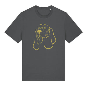 Gold outline illustration of the head of a Basset Hound on the front of an anthracite grey unisex t-shirt