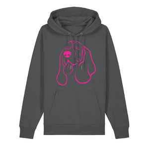Magenta outline illustration of the head of a Basset Hound on the front of an anthracite grey unisex Hoodie