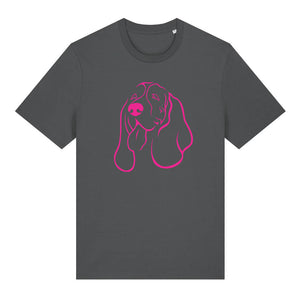 Magenta outline illustration of the head of a Basset Hound on the front of an anthracite grey unisex t-shirt