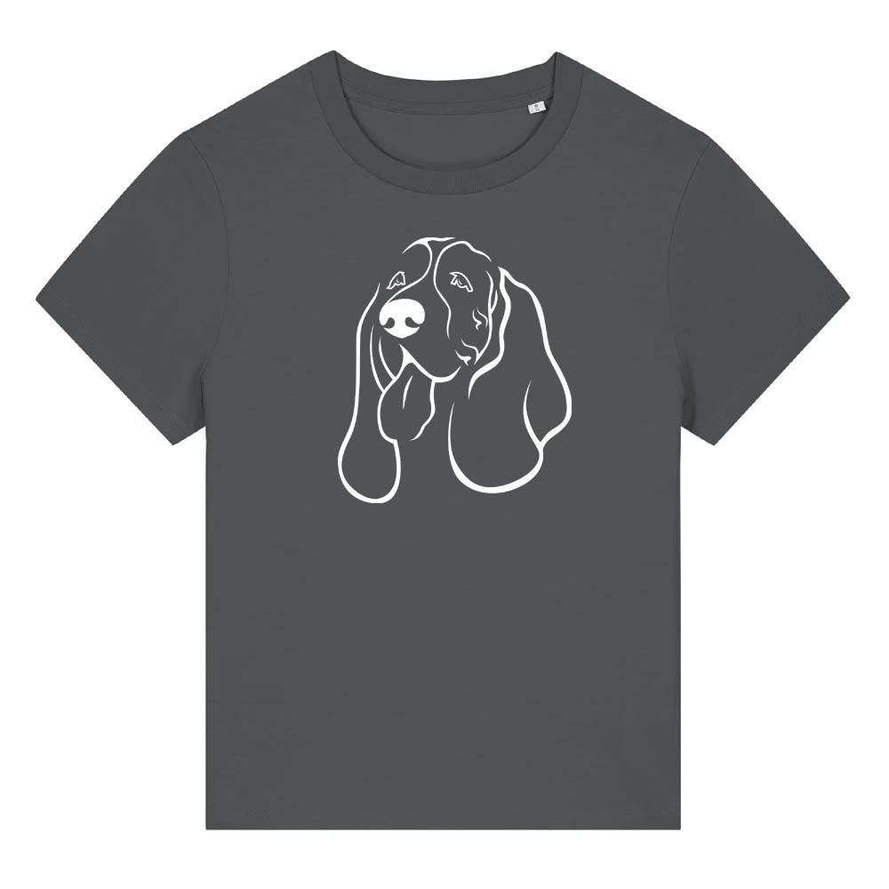 White outline illustration of the head of a Basset Hound on the front of an anthracite grey ladies t-shirt