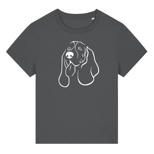 White outline illustration of the head of a Basset Hound on the front of an anthracite grey ladies t-shirt