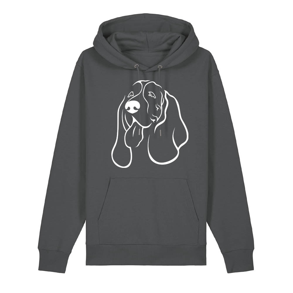 White outline illustration of the head of a Basset Hound on the front of an anthracite grey unisex Hoodie