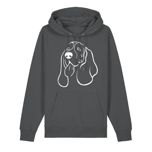 White outline illustration of the head of a Basset Hound on the front of an anthracite grey unisex Hoodie