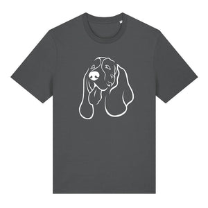 White outline illustration of the head of a Basset Hound on the front of an anthracite grey unisex t-shirt