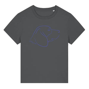 Blue outline illustration of the head of a Beagle dog on the front of an anthracite grey ladies t-shirt