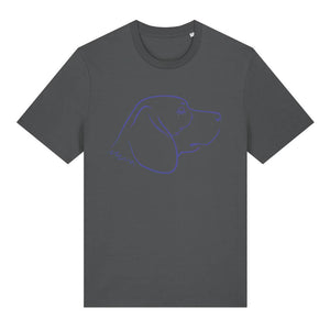 Blue outline illustration of the head of a Beagle on the front of an anthracite grey unisex t-shirt