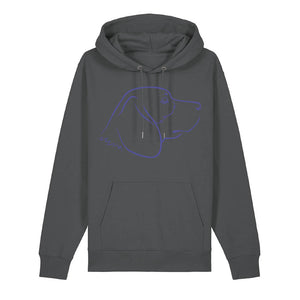 Blue outline illustration of the head of a Beagle on the front of an anthracite grey unisex Hoodie