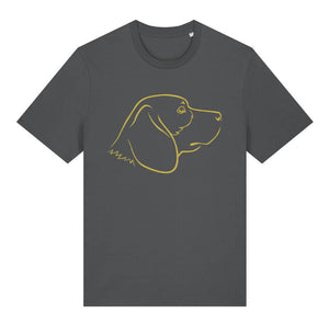 Gold outline illustration of the head of a Beagle on the front of an anthracite grey unisex t-shirt