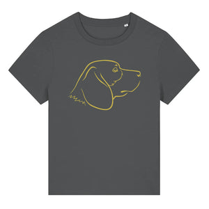 Gold outline illustration of the head of a Beagle dog on the front of an anthracite grey ladies t-shirt
