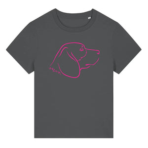 Magenta outline illustration of the head of a Beagle dog on the front of an anthracite grey ladies t-shirt
