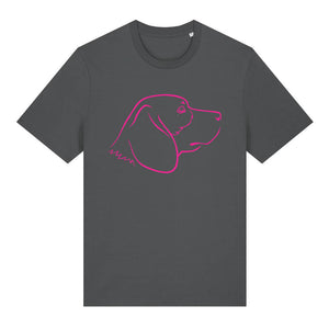 Magenta outline illustration of the head of a Beagle on the front of an anthracite grey unisex t-shirt