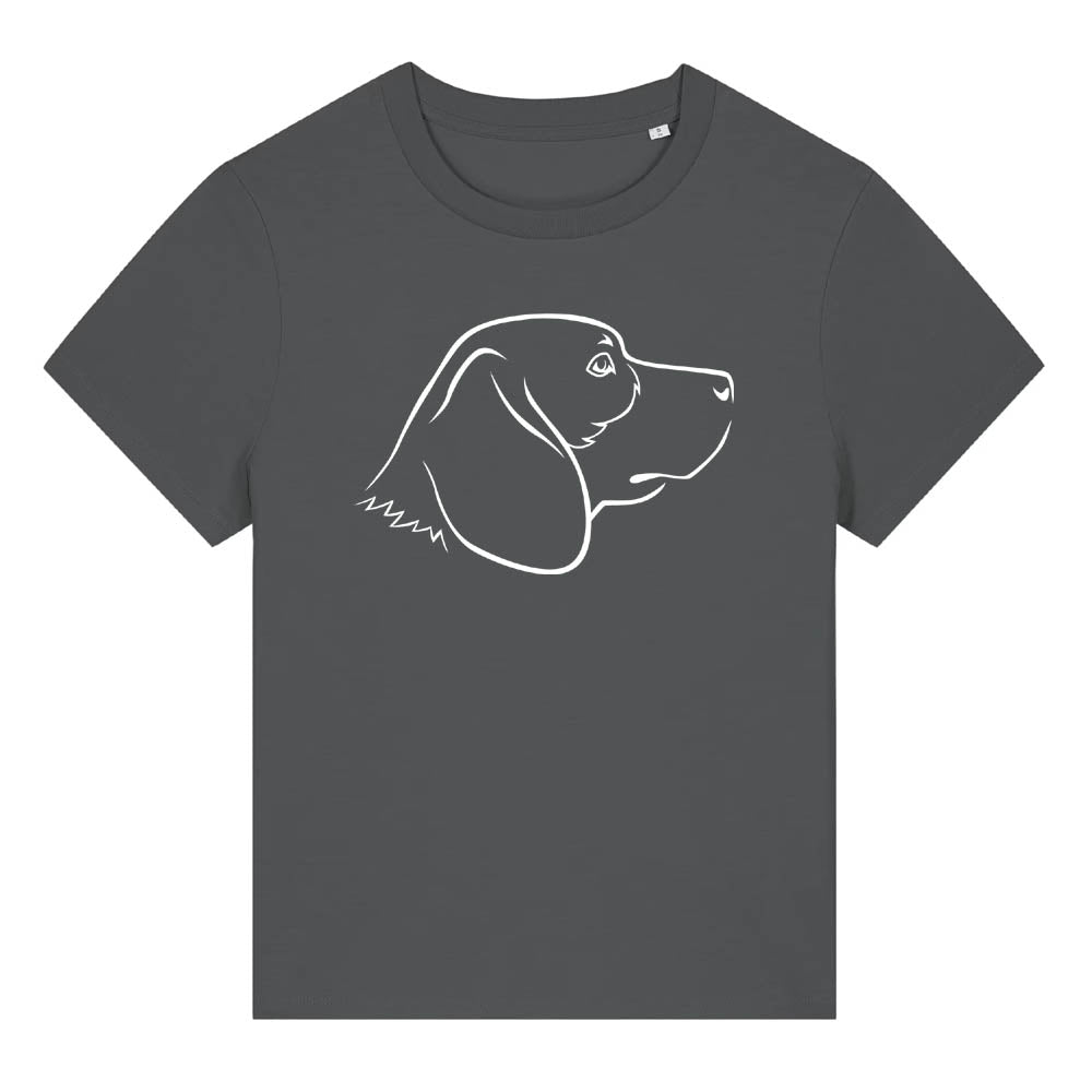 White outline illustration of the head of a Beagle dog on the front of an anthracite grey ladies t-shirt