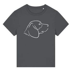 White outline illustration of the head of a Beagle dog on the front of an anthracite grey ladies t-shirt