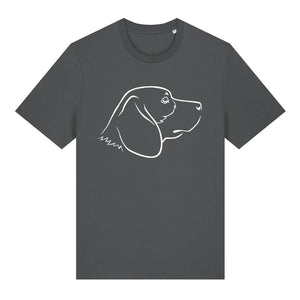 White outline illustration of the head of a Beagle on the front of an anthracite grey unisex t-shirt