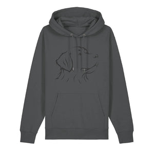 Black outline illustration of the head of a Bernese Mountain Dog on the front of an anthracite grey unisex Hoodie