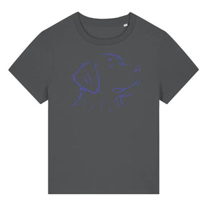 Blue outline illustration of the head of a Bernese Mountain Dog on the front of an anthracite grey ladies t-shirt