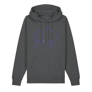Blue outline illustration of the head of a Bernese Mountain Dog on the front of an anthracite grey unisex Hoodie