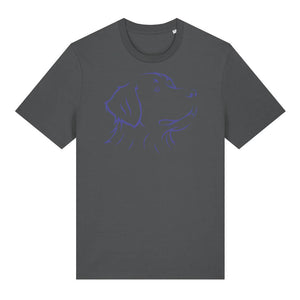 Blue outline illustration of the head of a Bernese Mountain Dog on the front of an anthracite grey unisex t-shirt