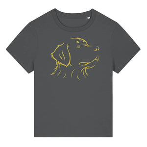Gold outline illustration of the head of a Bernese Mountain Dog on the front of an anthracite grey ladies t-shirt
