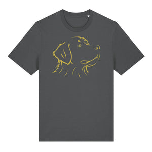 Gold outline illustration of the head of a Bernese Mountain Dog on the front of an anthracite grey unisex t-shirt