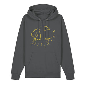 Gold outline illustration of the head of a Bernese Mountain Dog on the front of an anthracite grey unisex Hoodie