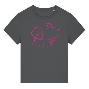 Magentaoutline illustration of the head of a Bernese Mountain Dog on the front of an anthracite grey ladies t-shirt
