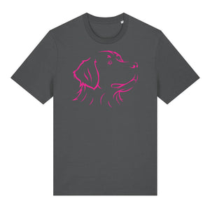 Magenta outline illustration of the head of a Bernese Mountain Dog on the front of an anthracite grey unisex t-shirt