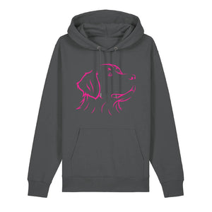 Magenta outline illustration of the head of a Bernese Mountain Dog on the front of an anthracite grey unisex Hoodie