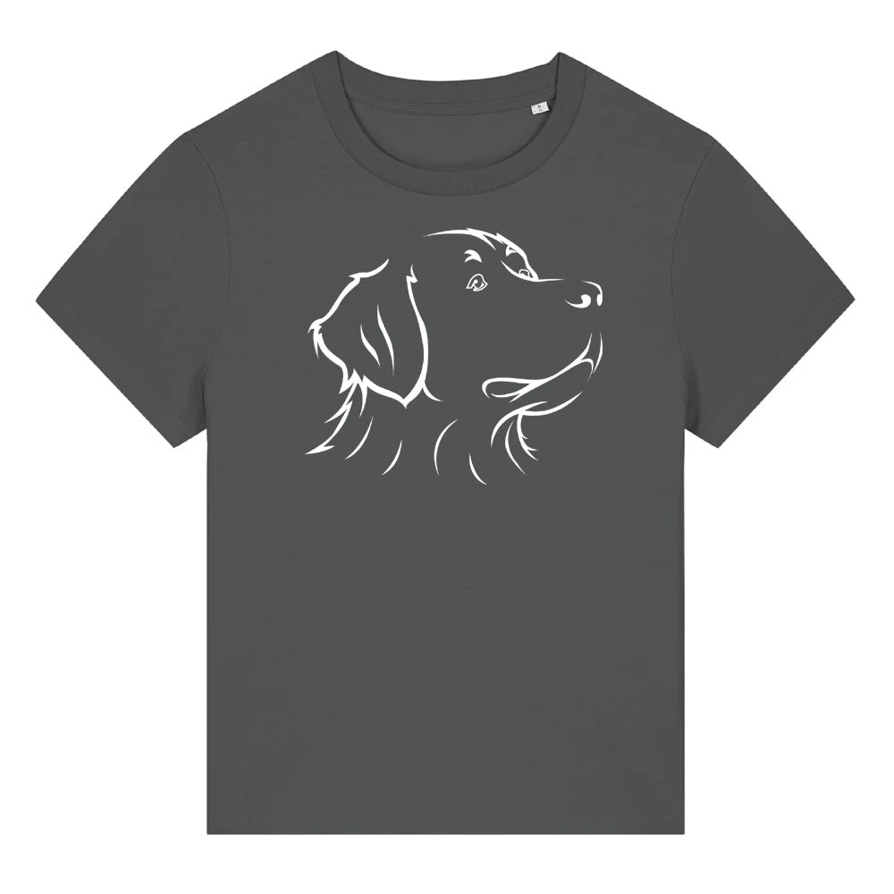 White outline illustration of the head of a Bernese Mountain Dog on the front of an anthracite grey ladies t-shirt