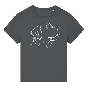 White outline illustration of the head of a Bernese Mountain Dog on the front of an anthracite grey ladies t-shirt