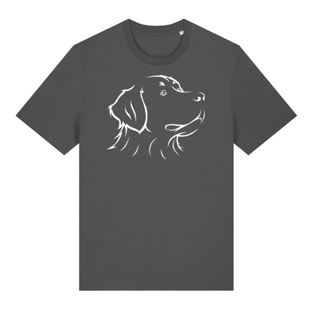 White outline illustration of the head of a Bernese Mountain Dog on the front of an anthracite grey unisex t-shirt