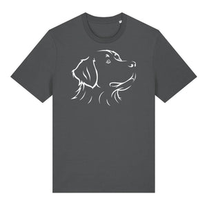 White outline illustration of the head of a Bernese Mountain Dog on the front of an anthracite grey unisex t-shirt
