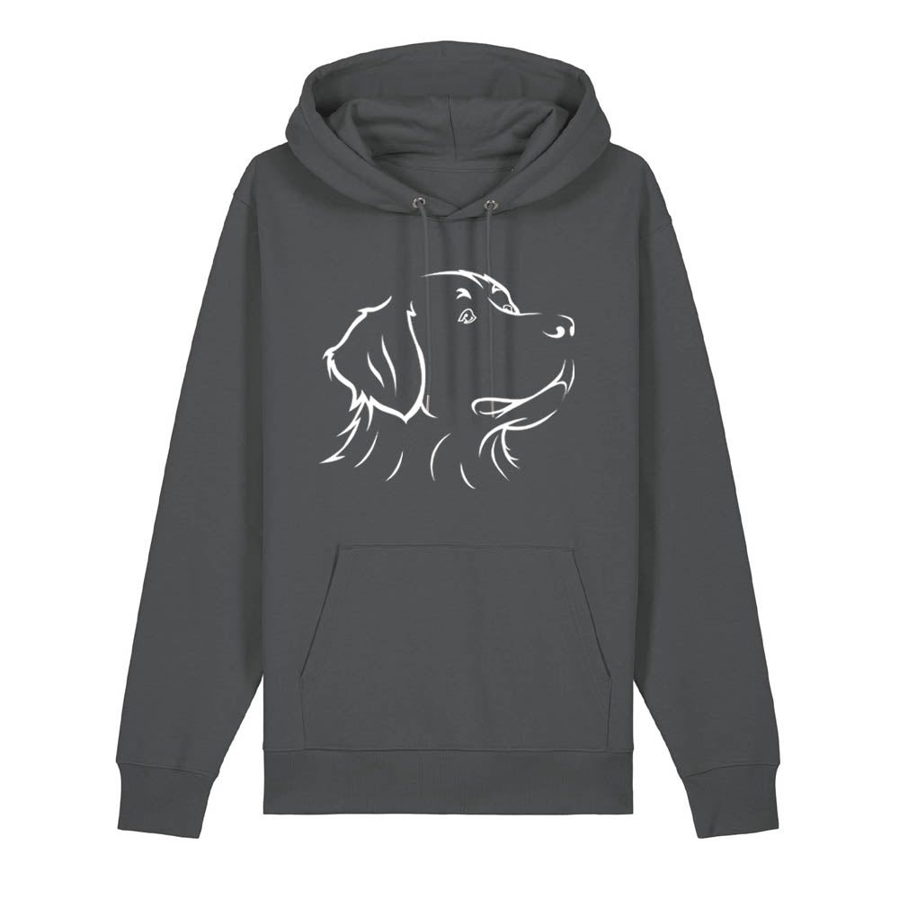 White outline illustration of the head of a Bernese Mountain Dog on the front of an anthracite grey unisex Hoodie