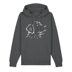 White outline illustration of the head of a Bernese Mountain Dog on the front of an anthracite grey unisex Hoodie