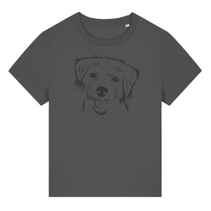 Black outline illustration of the head of a Border Terrier on the front of an anthracite grey ladies t-shirt