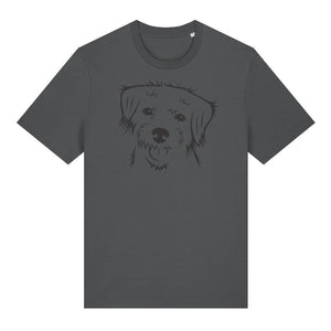 Black outline illustration of the head of a Border Terrier on the front of an anthracite grey unisex t-shirt