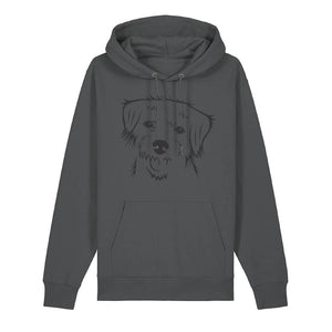 Black outline illustration of the head of a Border Terrier on the front of an anthracite grey unisex Hoodie
