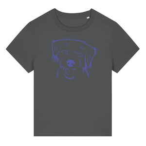 Blue outline illustration of the head of a Border Terrier on the front of an anthracite grey ladies t-shirt