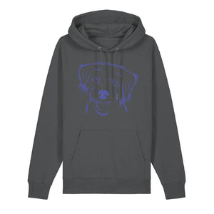 Blue outline illustration of the head of a Border Terrier on the front of an anthracite grey unisex Hoodie