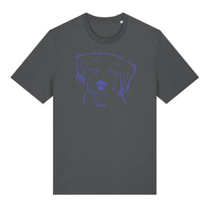 Blue outline illustration of the head of a Border Terrier on the front of an anthracite grey unisex t-shirt
