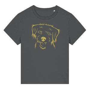 Gold outline illustration of the head of a Border Terrier on the front of an anthracite grey ladies t-shirt
