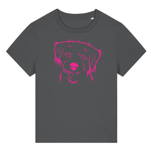 Magenta outline illustration of the head of a Border Terrier on the front of an anthracite grey ladies t-shirt
