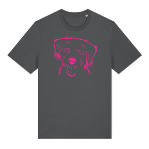 Magenta outline illustration of the head of a Border Terrier on the front of an anthracite grey unisex t-shirt